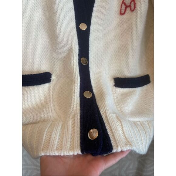 Vintage Style Cream Cardigan with Navy Trim and Rabbit Applique - Picture 2 of 11